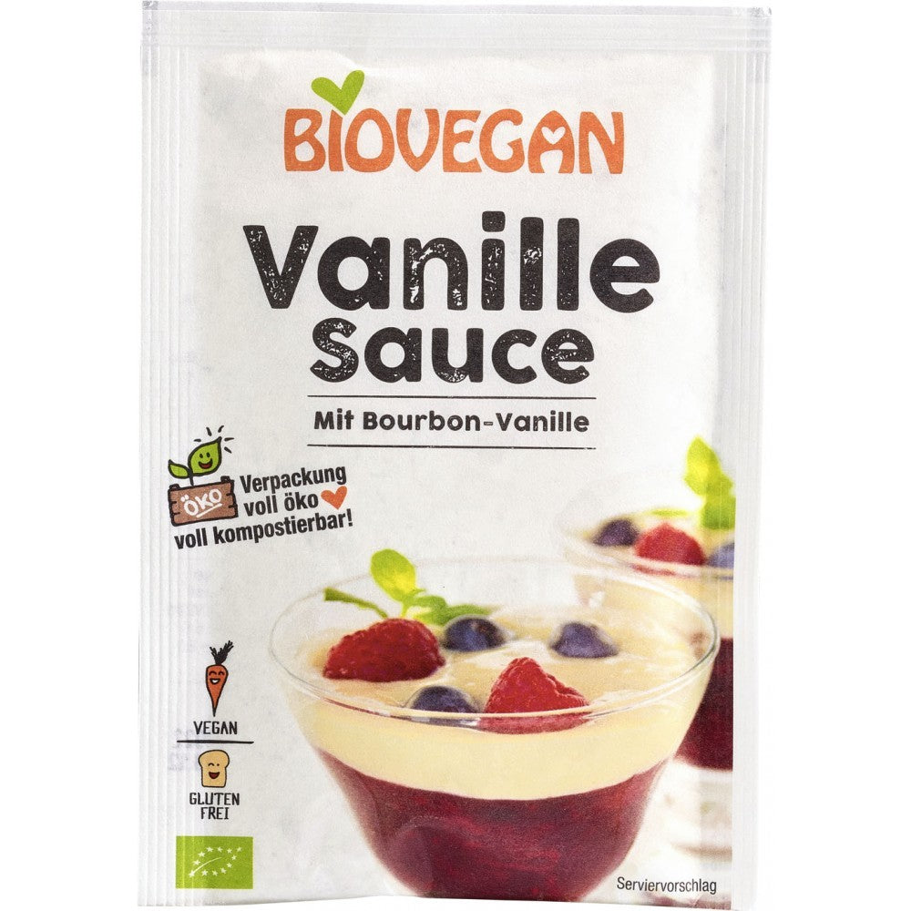 Mix sos vanilie fără gluten bio Biovegan, 2x16g, ambalaj compostabil, imagine cu desert.