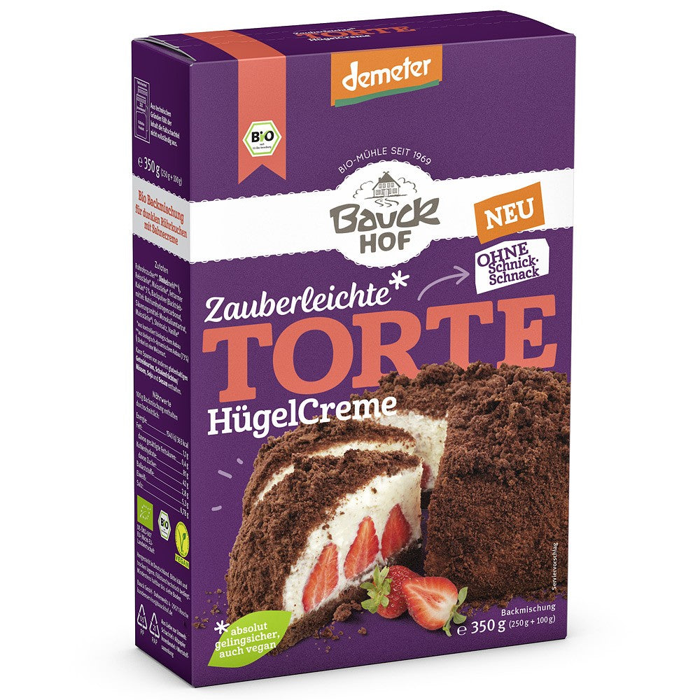 Mix tort musuroi bio DEMETER, ciocolată, cremă cu fructe, 350g, cutie mov, etichetă bio, brand Bauck Hof.