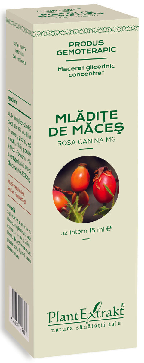 Cutie Mlădițe de Măceș 15 ml PlantExtrakt, etichetă verde, imagine măceșe roșii.