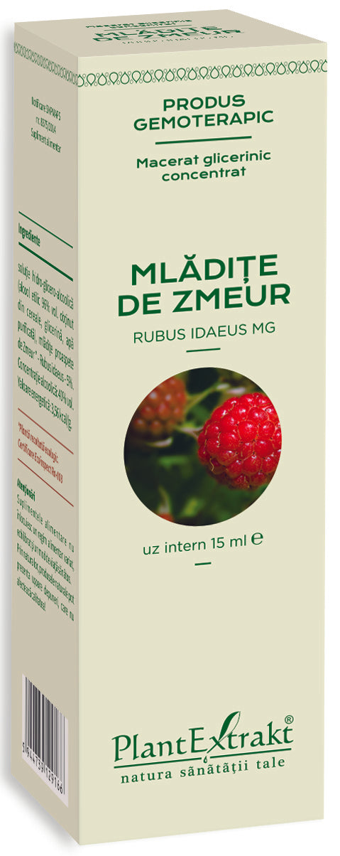 Mlădițe de zmeur PlantExtrakt 15 ml cutie bej cu text verde și imagine fruct zmeur.
