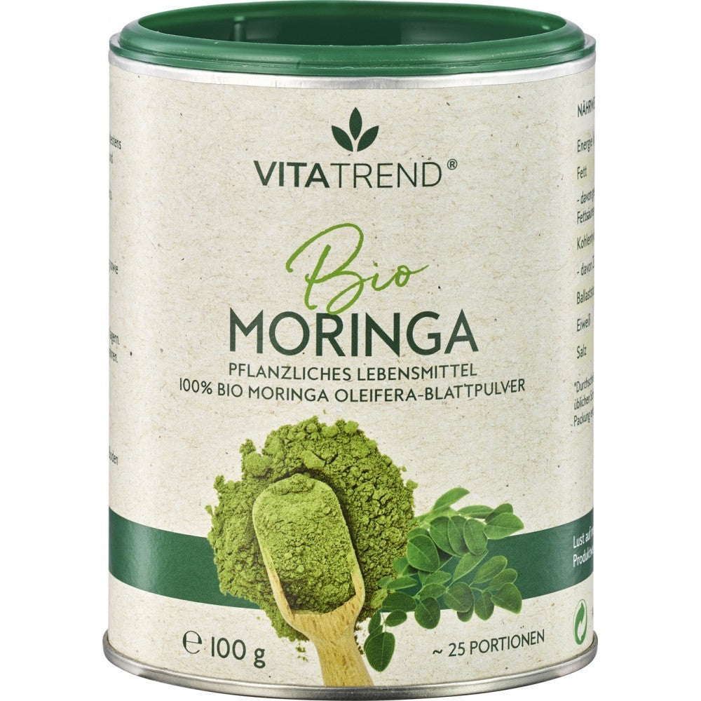 Moringa bio ecologică, pulbere verde, ambalaj carton cu capac verde, 100g.