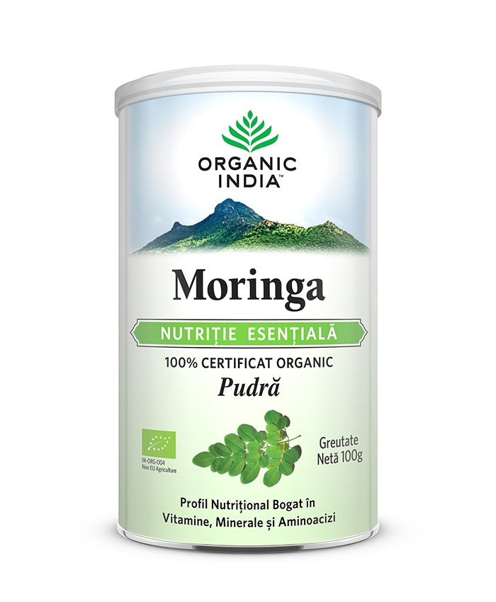 Pudră Moringa Organic India, 100g, nutrienți esențiali, ambalaj alb-verde.