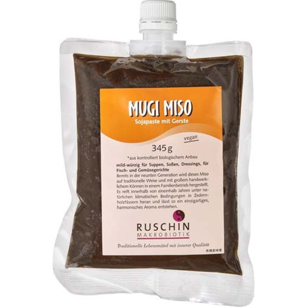 Pasta de soia Mugi Miso cu orz bio 345g Ruschin, ambalaj transparent, eticheta portocalie