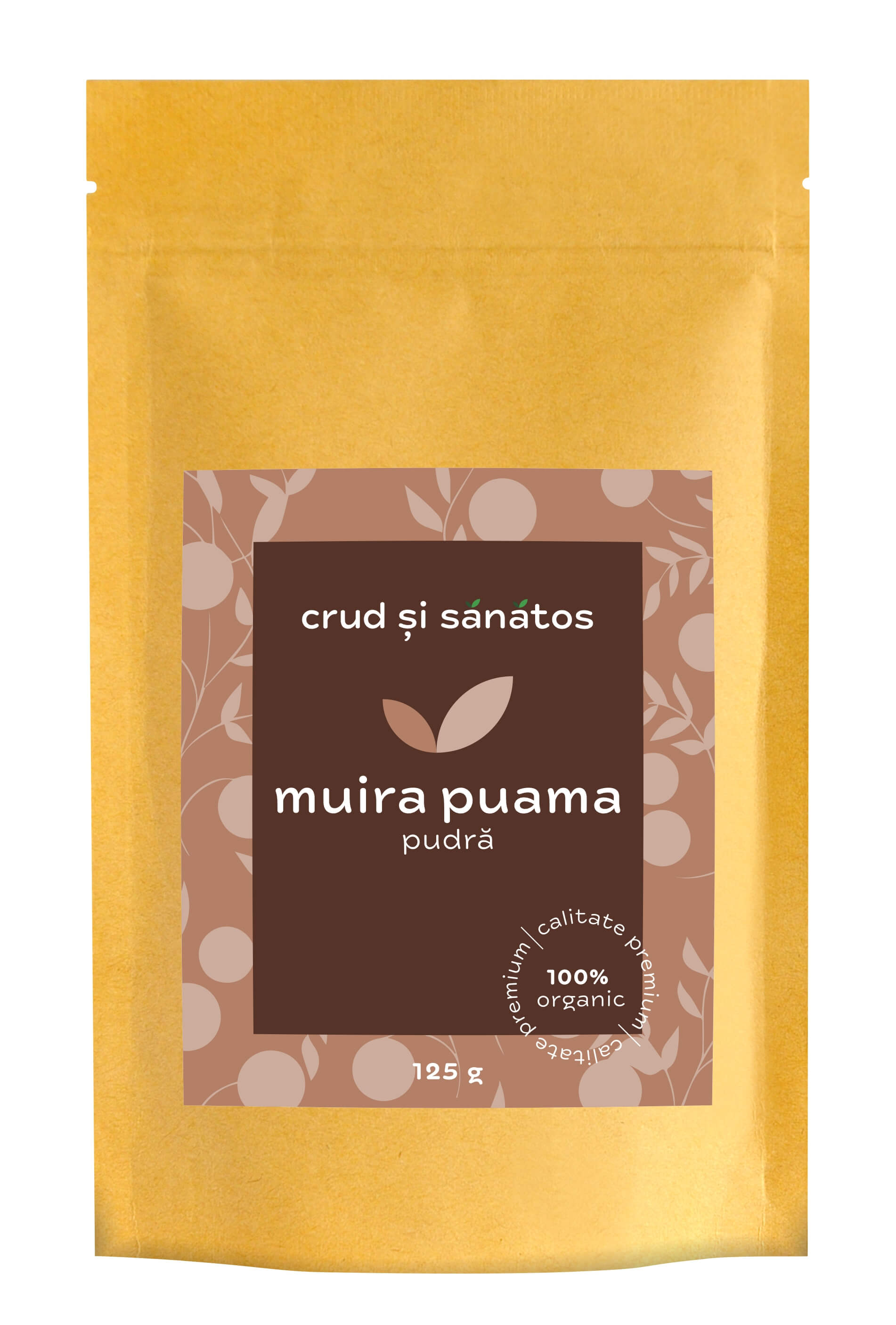 Muira puama pudră, 125g, ambalaj maro și galben, organic, calitate premium.