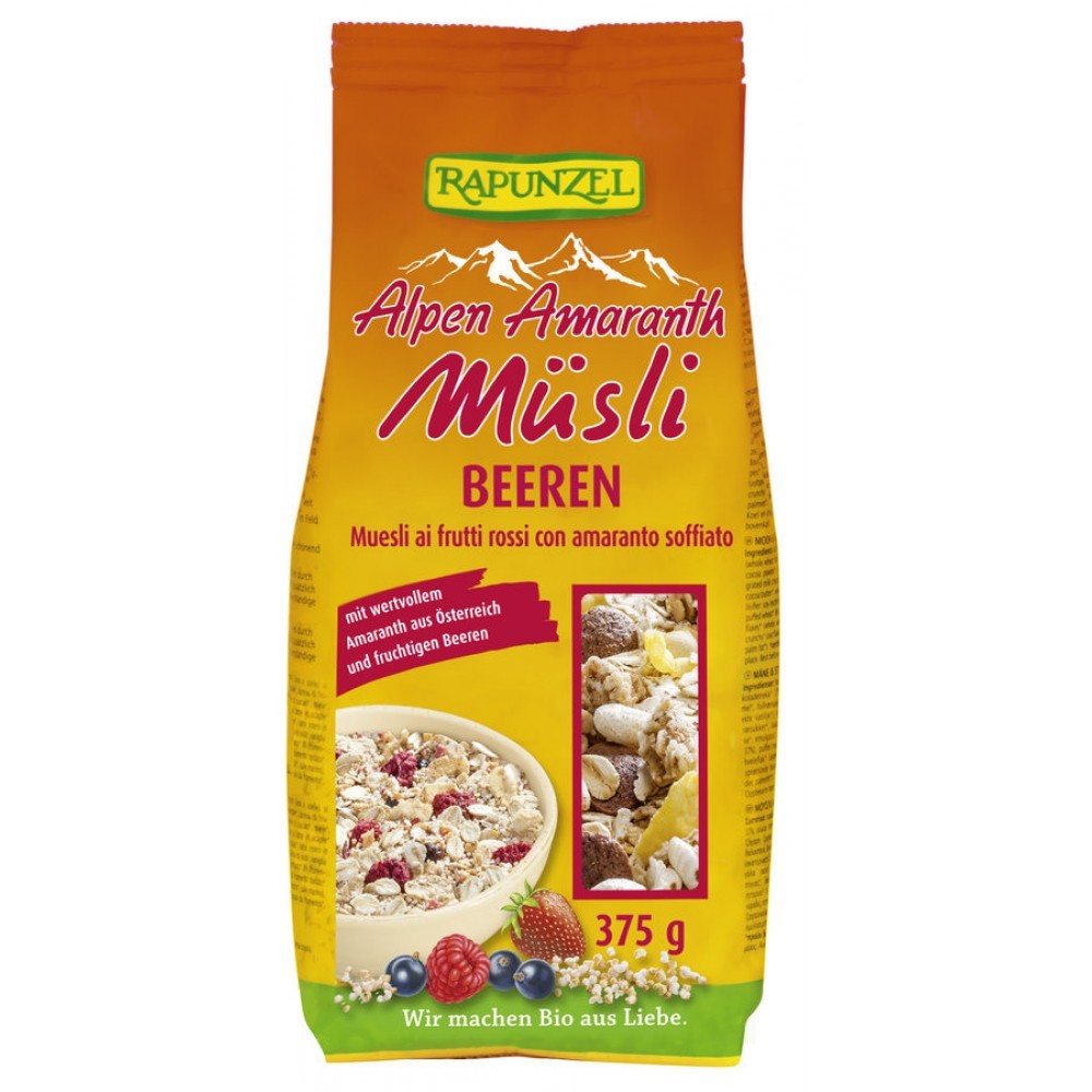 Musli bio cu amarant și fructe de pădure Rapunzel, 375g, ambalaj colorat viu.