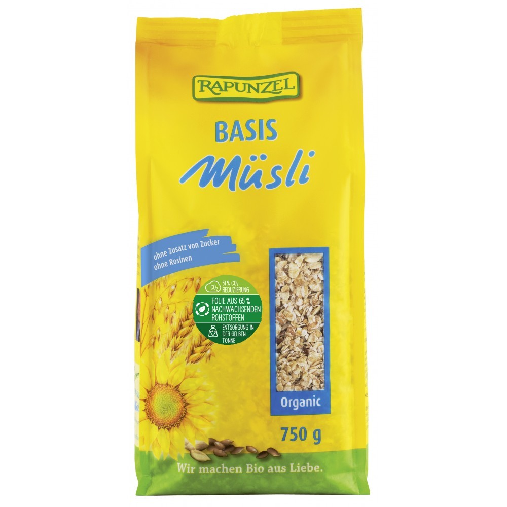 Musli bio de baza fara zahar Rapunzel, ambalaj galben, 750g, cereale integrale ecologice.