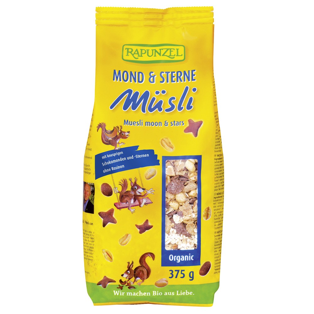 Musli bio Rapunzel 375g, pachet galben, forme lună și stele, ingrediente ecologice vizibile.