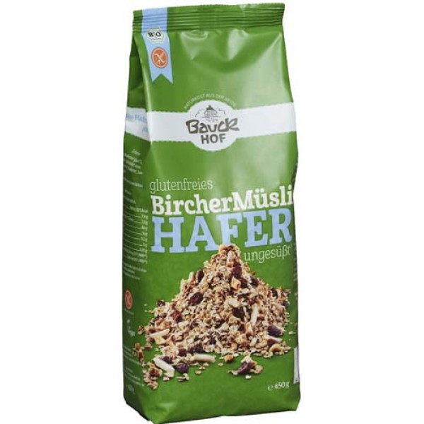 Musli Bircher organic fără gluten Bauckhof, ovăz, stafide, mere, alune, migdale, ambalaj verde.