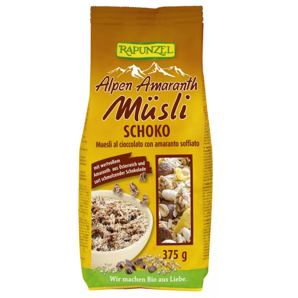 Musli cu ciocolată vegan bio Rapunzel, 375g, amarant, ambalaj galben.