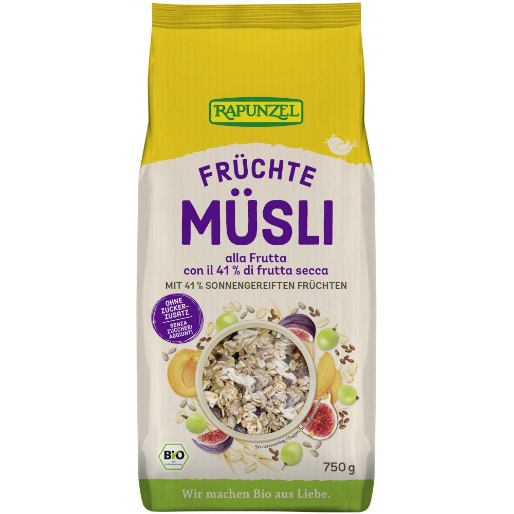 Musli de fructe bio Rapunzel 750g, ambalaj galben cu mov, cereal integrală și fructe uscate.