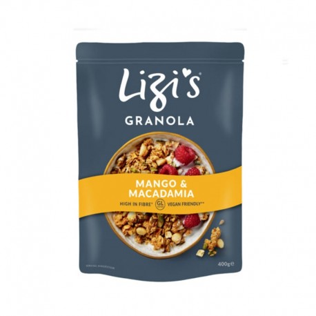 Musli Mango Bio 400g Lizis Granola, ambalaj albastru cu detalii galbene, fără adaos de zahăr.