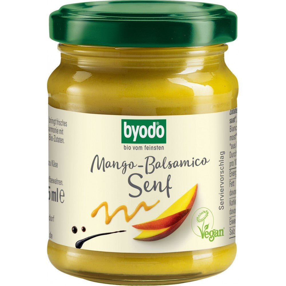 Borcan mustar Byodo cu mango si otet balsamic, capac verde, eticheta alb crem.