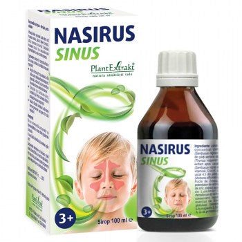 Nasirus Sinus sirop pentru copii, flacon 100ml, cutie și etichetă ilustrată cu copil și motive vegetale.