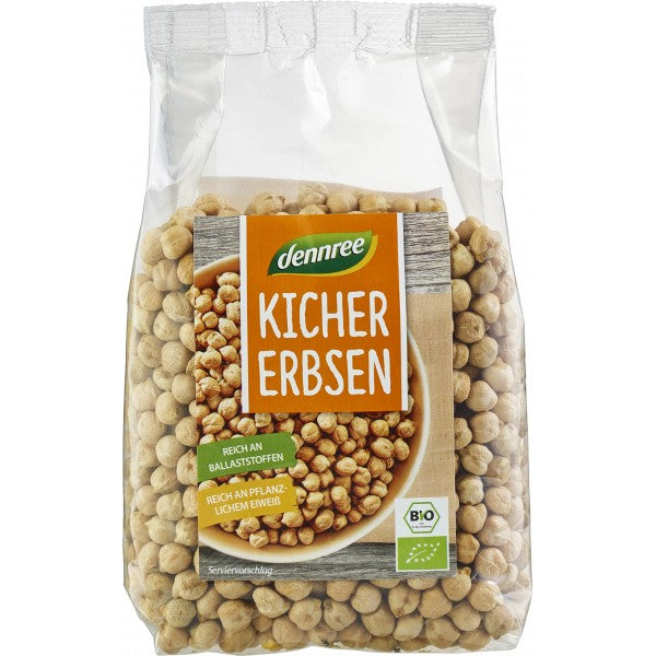 Pungă transparentă cu năut bio Dennree, 500g, etichetă maro și logo verde.