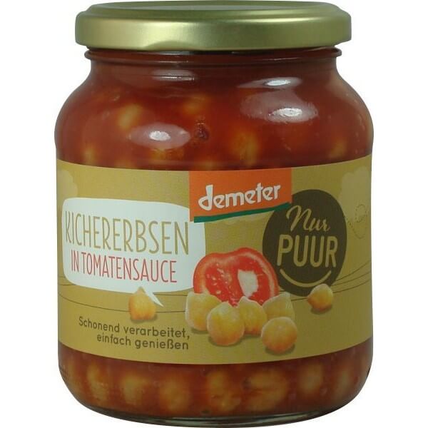 Naut bio în sos de roșii, borcan 350g, etichetă crem și roșie, capac metalic auriu.