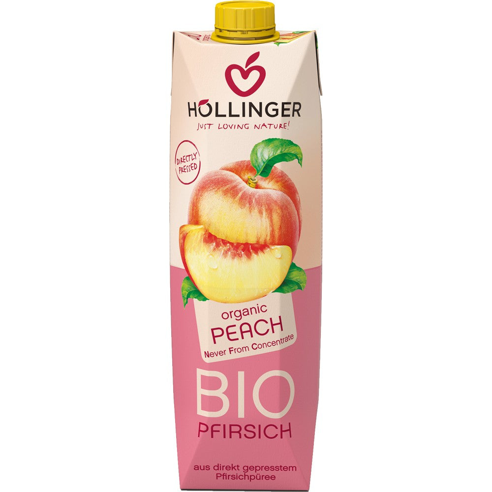 Nectar bio de piersici 1L Hollinger, ambalaj carton roz cu capac galben, imagine piersici.
