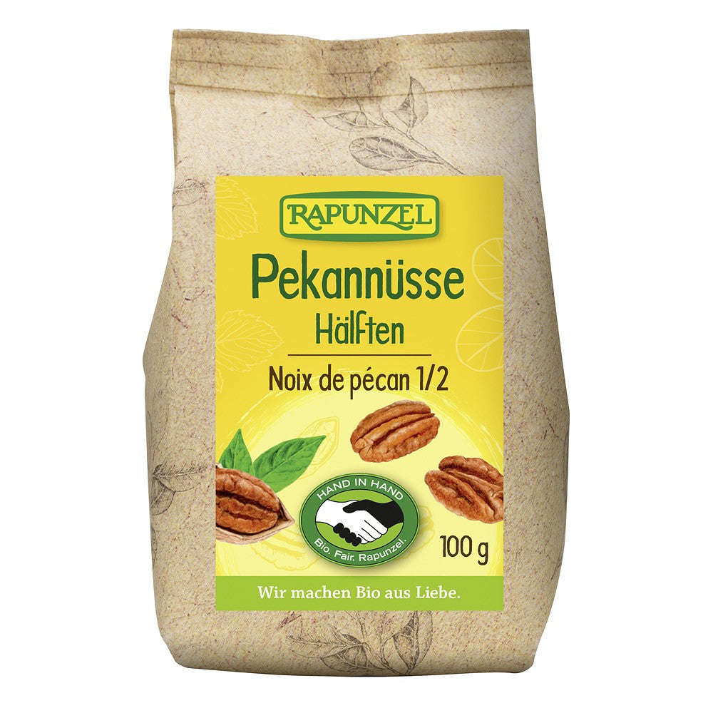 Nuci Pecan bio Rapunzel 100g, ambalaj maro cu etichetă galbenă.