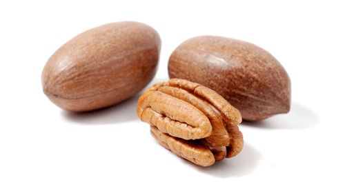 Nuci pecan crude, bio, coajă maronie și miez vizibil, 250g, vedere laterală.