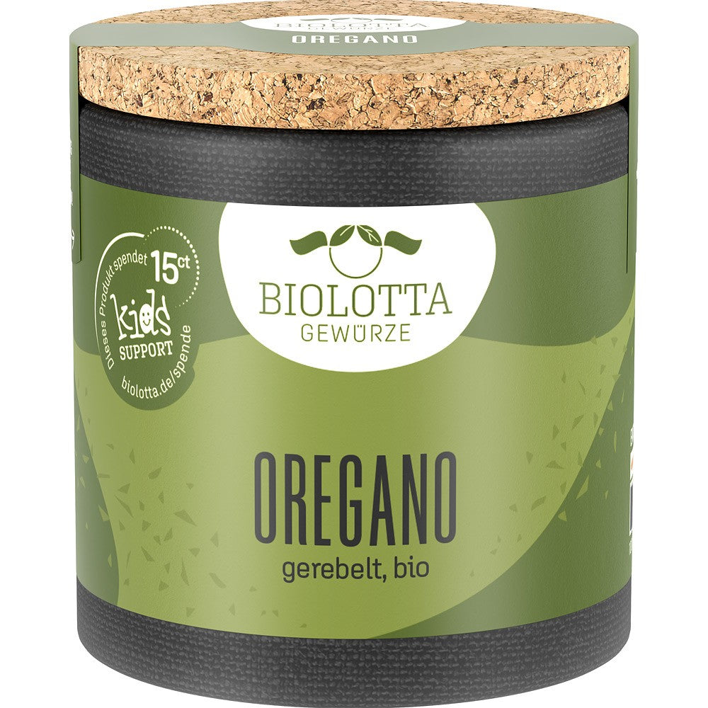 Oregano bio măcinat BioLotta 11g, ambalaj verde, capac din plută.