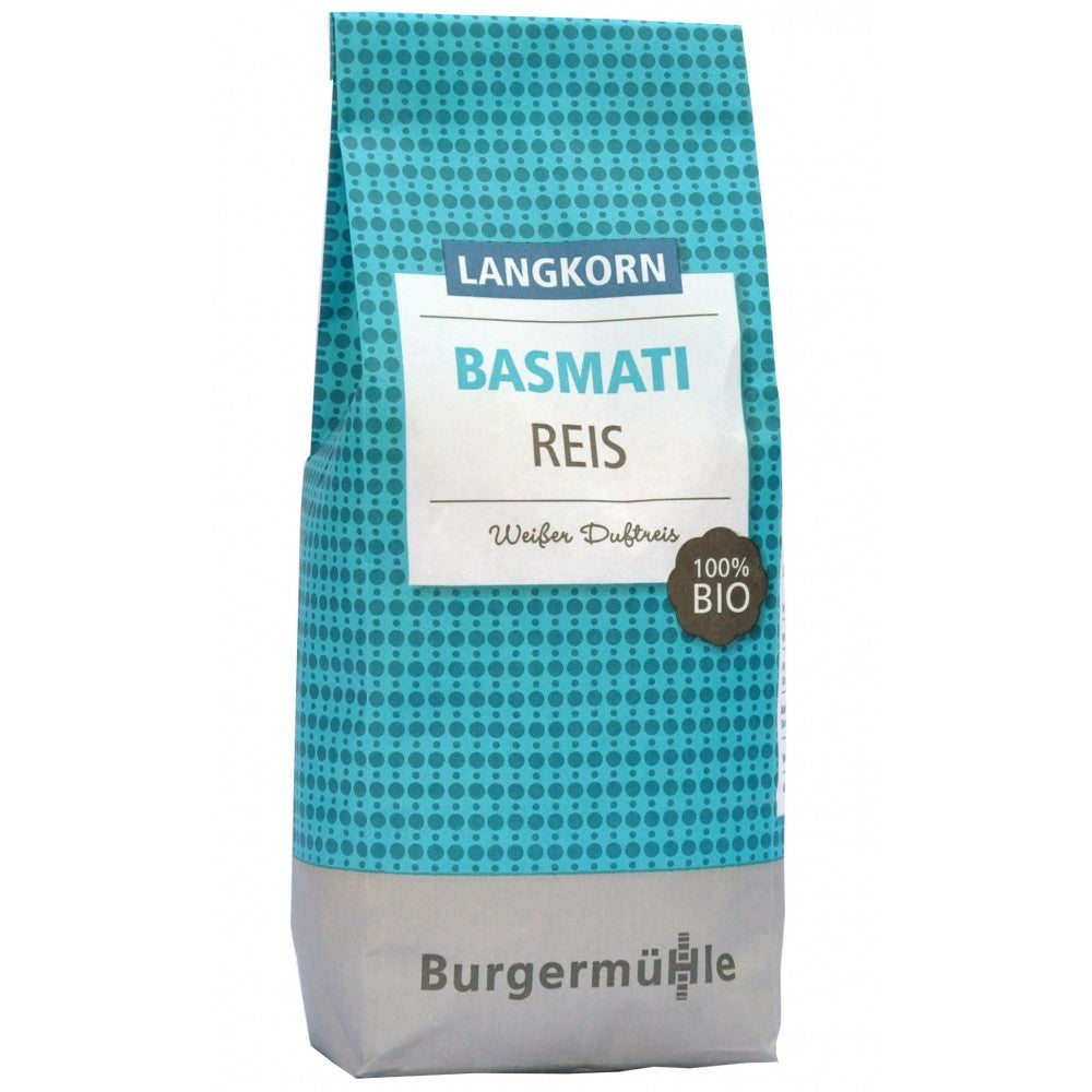 Orez basmati alb bio, ambalaj albastru cu etichete, 100% agricultura ecologică.