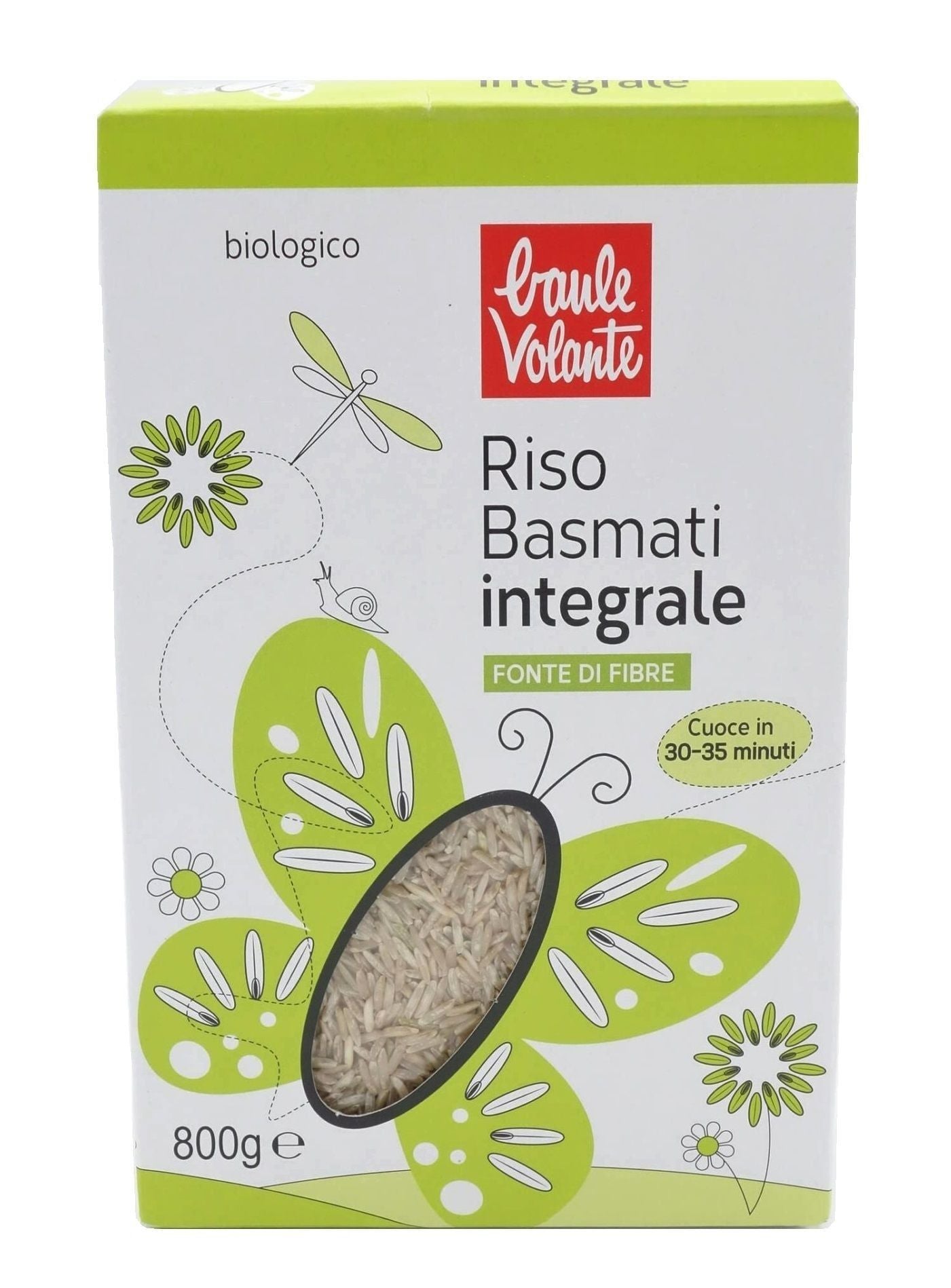 Cutie verde cu orez basmati integral bio, 800g, Baule Volante, fereastră transparentă.