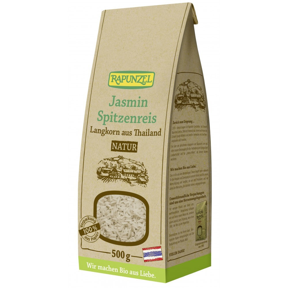 Orez bio Jasmin natur bob lung Rapunzel 500g, pachet maro cu verde, text german.