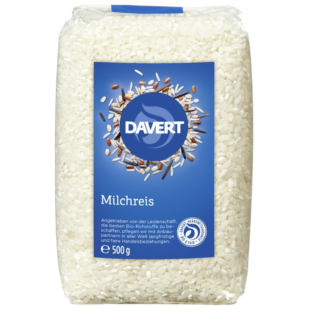 Orez cu bob rotund alb bio Davert, 500g, ambalaj transparent cu etichetă albastră.