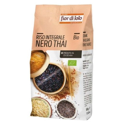 Orez integral negru thai bio 500g, ambalaj Fior di Loto, detalii ingredienți ecologici.