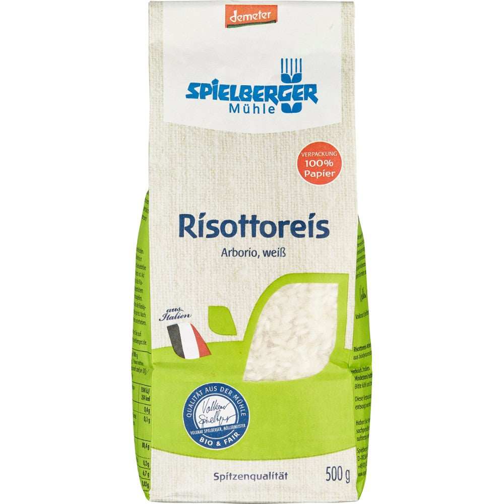 Pachet orez risotto Arborio Demeter Spielberger 500g, etichetă verde și albă, siglă Demeter.