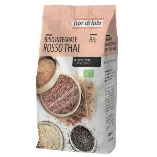 Orez roșu integral thai bio Fior di Loto, 500g, ambalaj cu imagine boabe.