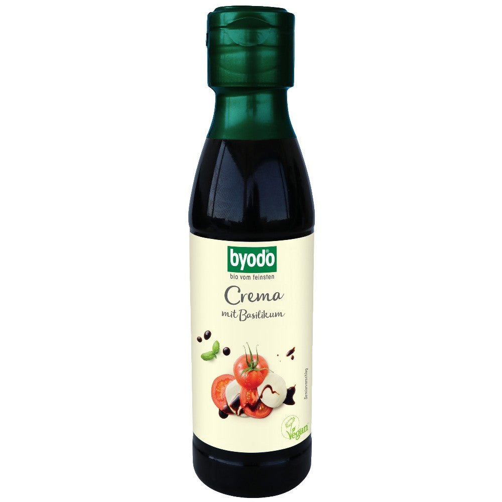 Oțet balsamic bio cremă cu busuioc Byodo 150ml, sticlă neagră cu etichetă verde.
