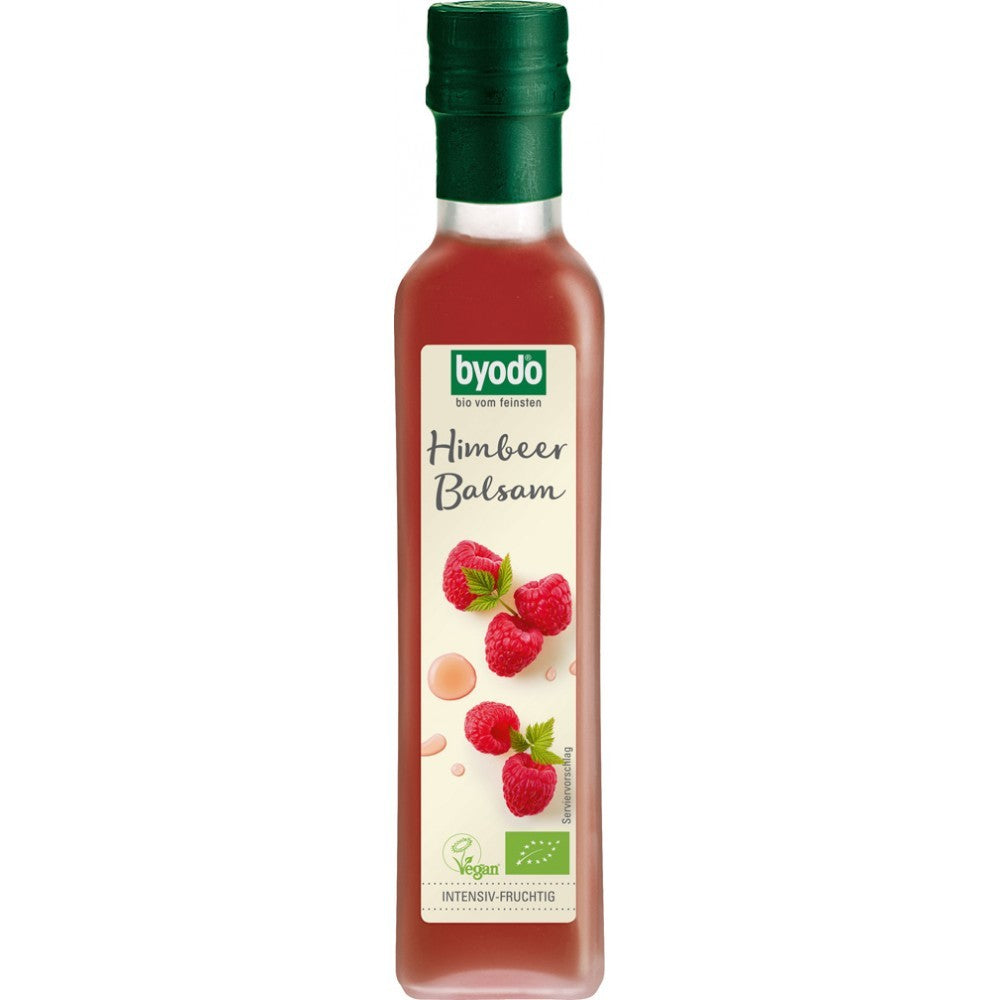 Oțet balsamic de zmeură bio Byodo 250ml, sticlă cu capac verde, etichetă cu zmeură.