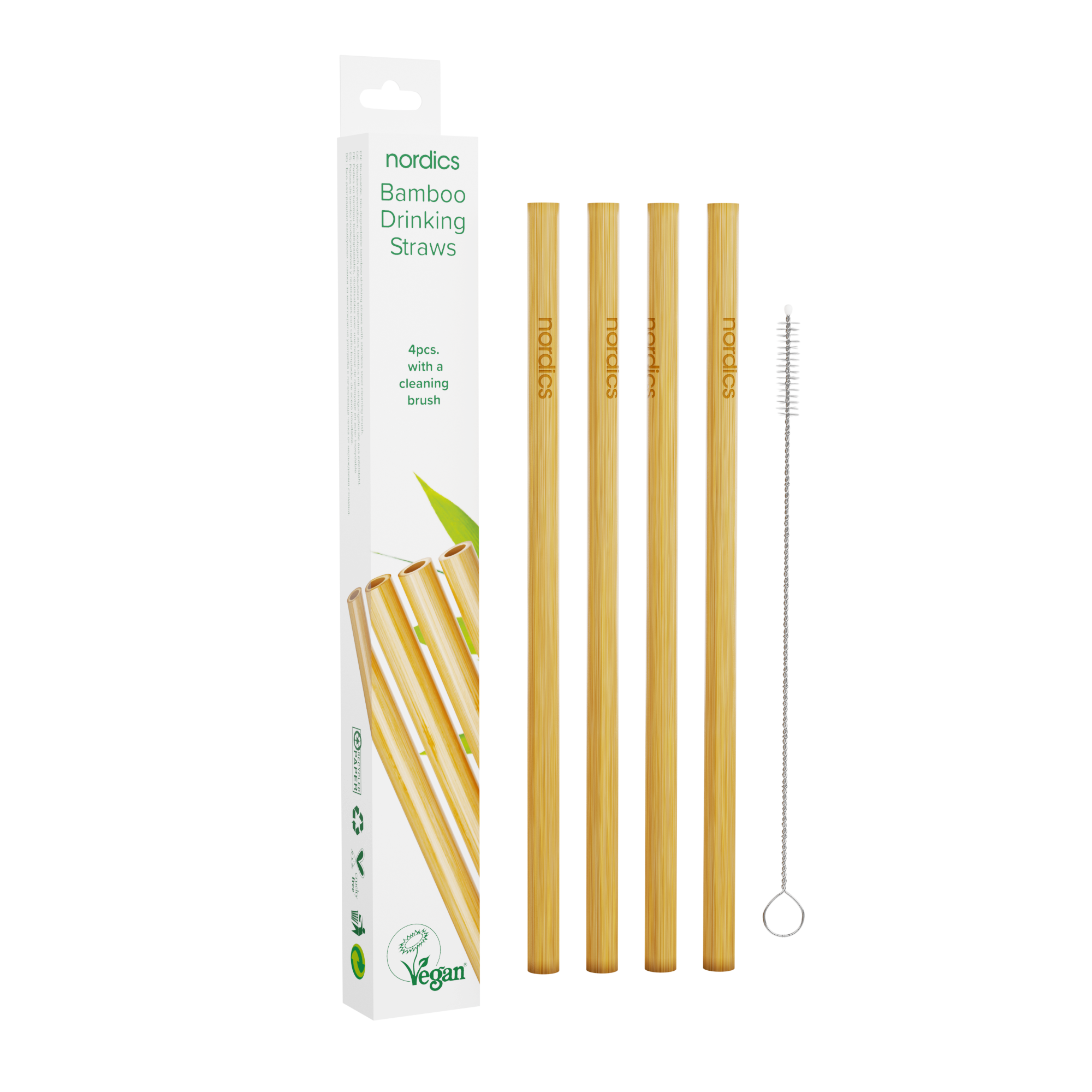 Set 4 paie bambus nordics cu periuță curățare, galben deschis, ambalaj alb eco.