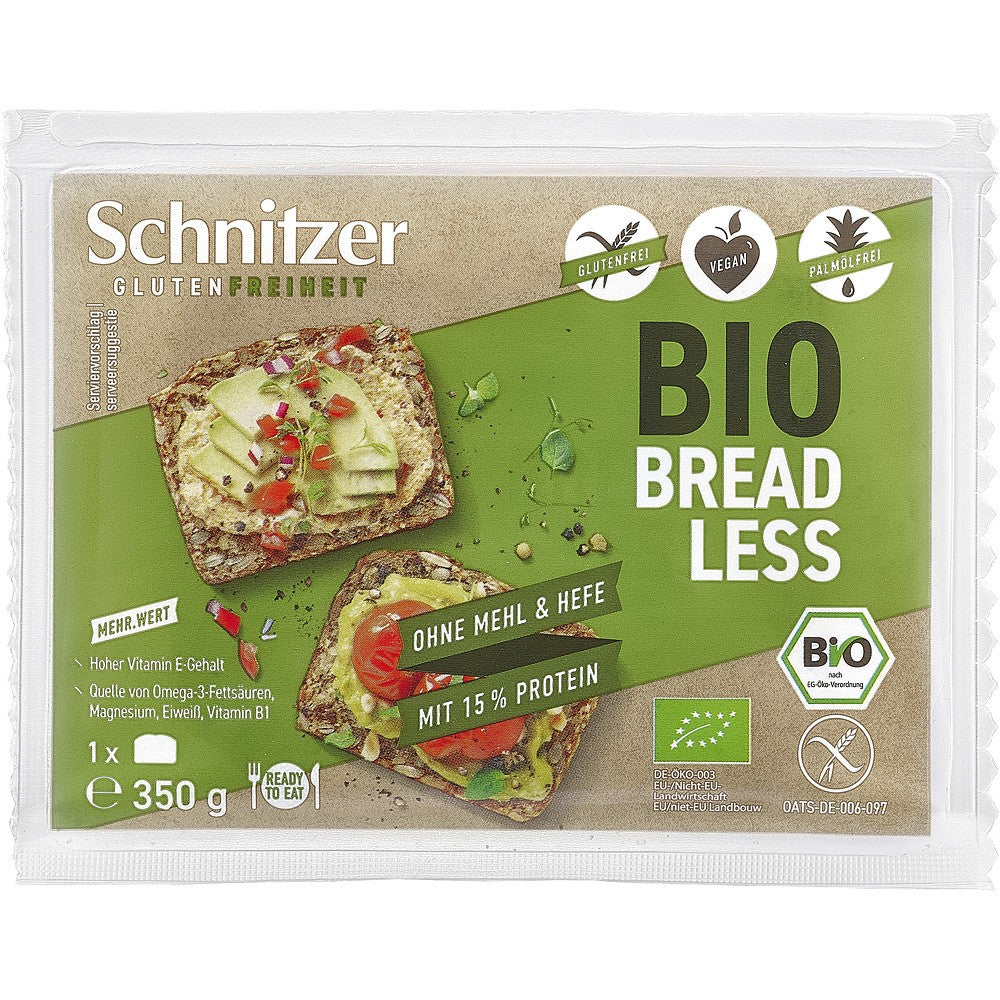 Pâine bio fără gluten și drojdie Schnitzer din semințe, 350g, ambalaj verde-maro.