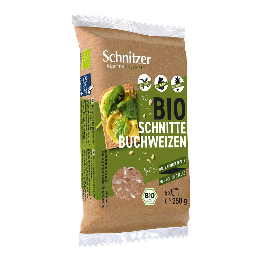 Pâine din hrișcă fără gluten și lactoză Schnitzer, ambalaj maro de 250g, ingredient bio, ecologic.