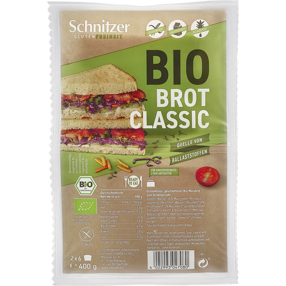 Pâine toast clasică fără gluten Schnitzer 400g, ambalaj verde-maroniu, eticheta BIO.