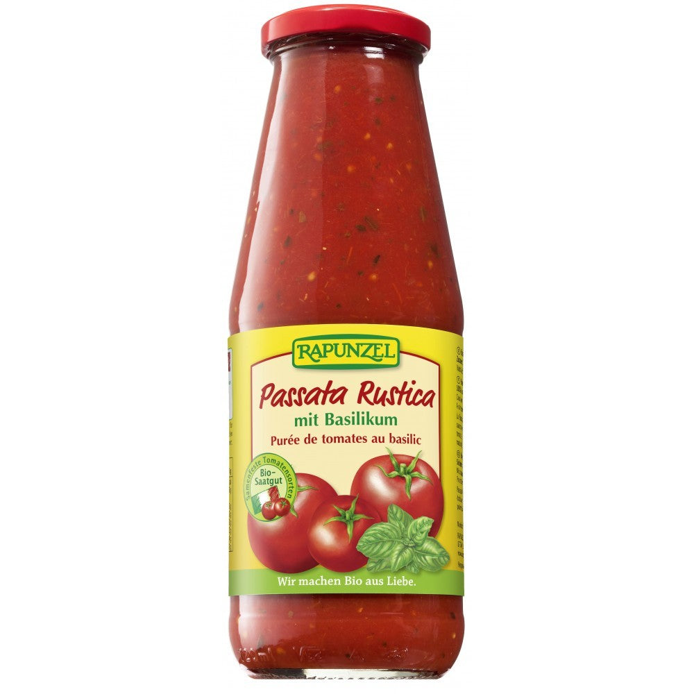 Passata Rustica Rapunzel 680g, sos roșu rustic cu busuioc, etichetă galbenă.