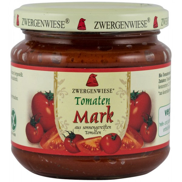 Pasta bio de tomate Zwergenwiese, borcan 200g, etichetă cu roșii и текстură consistentă.