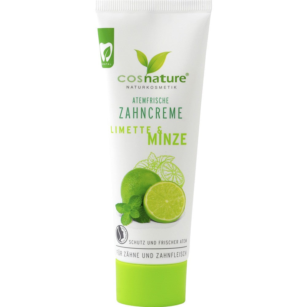 Pastă de dinți Cosnature cu lime bio și mentă, tub alb cu detalii verde lime.