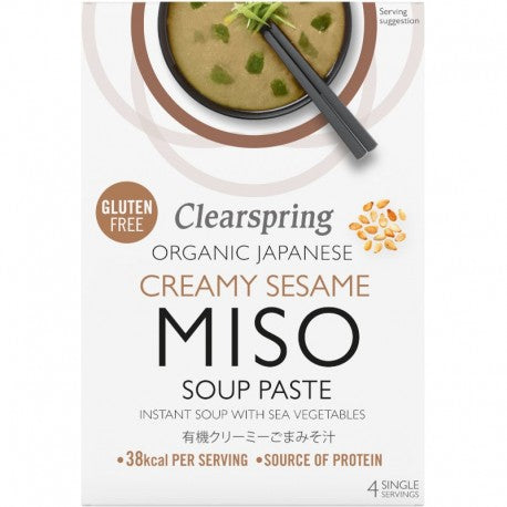 Pasta pentru Supa Crema Miso Instant Sesame Clearspring 4x15g, organică, gluten-free, ambalaj alb.