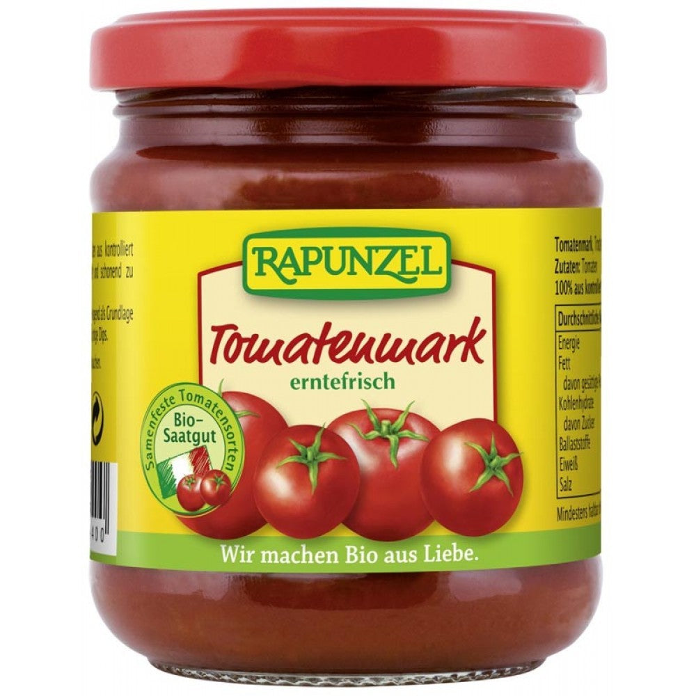 Pasta de tomate bio Rapunzel 22%, borcan 200g, capac roșu și etichetă galbenă.
