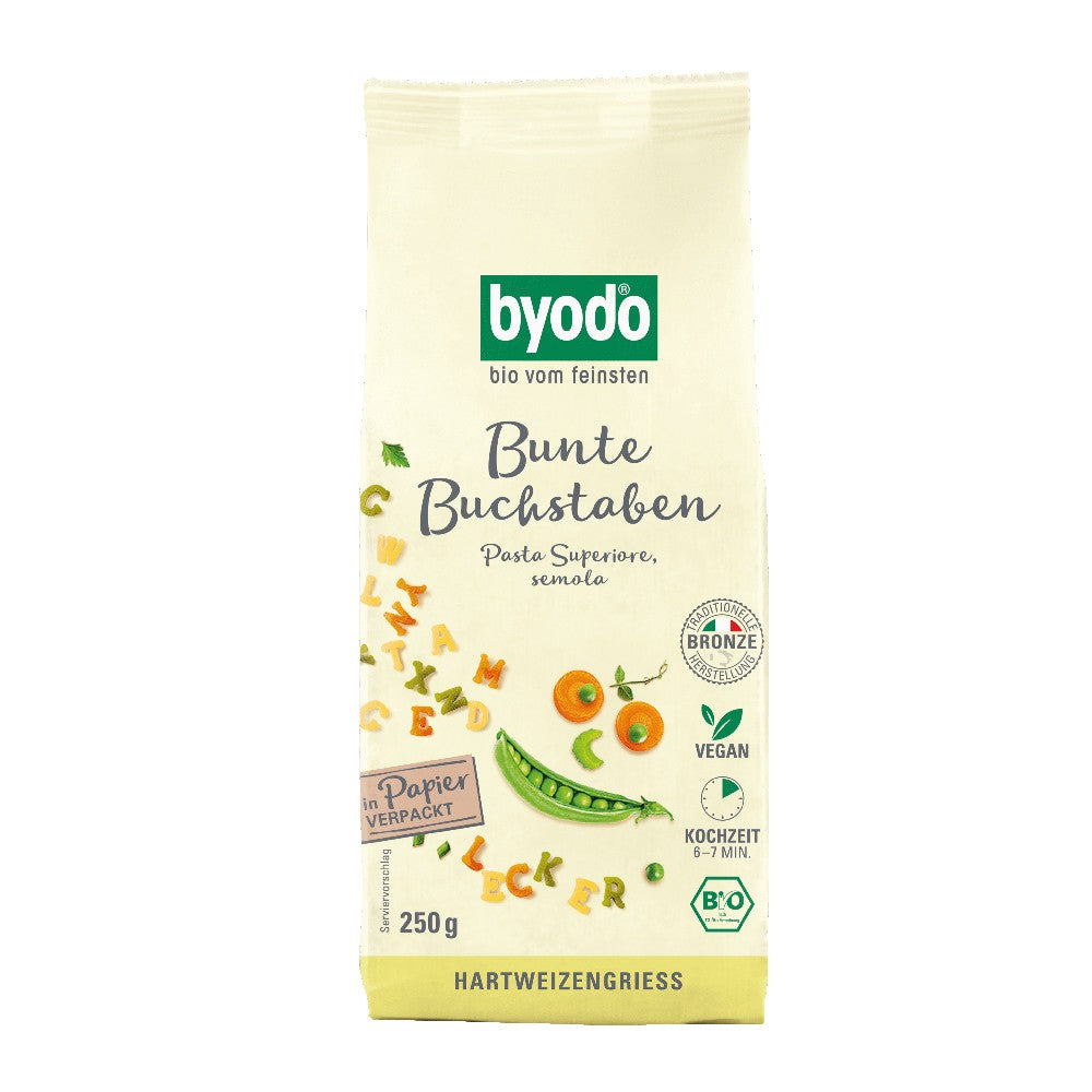 Paste bio litere colorate Byodo 250g, ambalaj hârtie, fără aditivi, vegan.