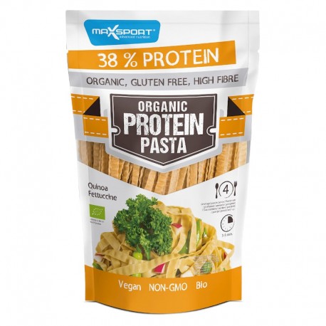 Paste Proteice din Soia și Quinoa Fettuccine Maxsport Bio 200g, fără gluten, pachet alb și portocaliu.