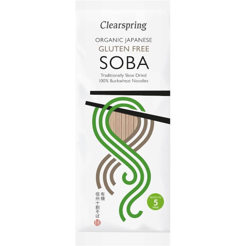 Ambalaj Paste Soba Hrișcă 100% Clearspring, 200g, organic, fără gluten, design alb-verde, text negru.