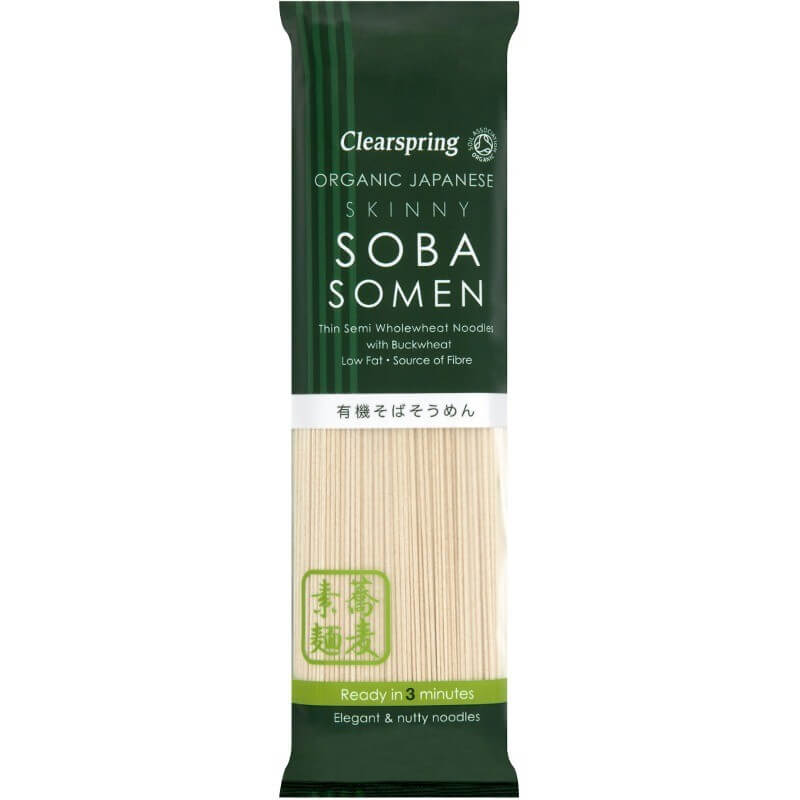 Paste Soba Clearspring 200g eco, hrișcă și grâu semiintegral, ambalaj verde.