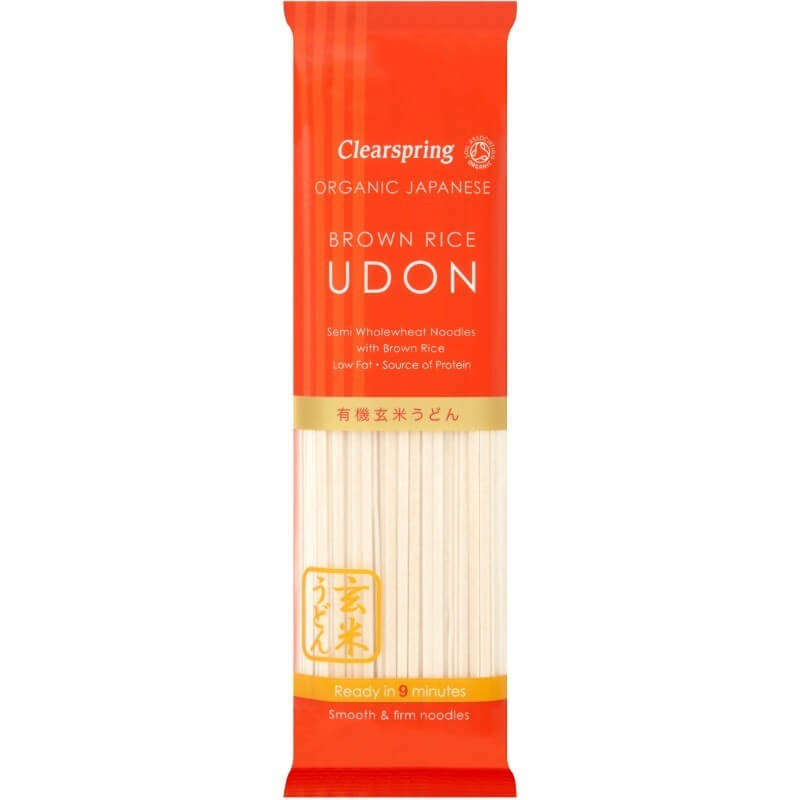 Paste Udon Clearspring bio, din grâu semiintegral și orez brun, ambalaj maro și portocaliu, 200g.
