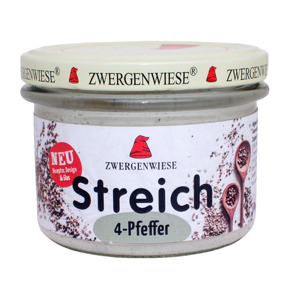Pate vegetal BIO Zwergenwiese cu 4 tipuri de piper, fără gluten, 180g, borcan cu capac bej.
