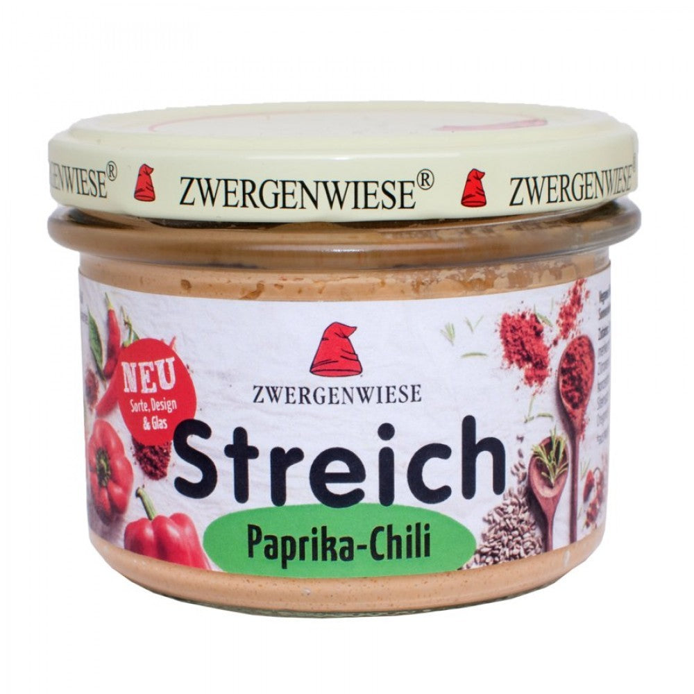 Pate vegetal bio cu ardei și chili 180g Zwergenwiese, borcan cu etichetă roșie și verde.