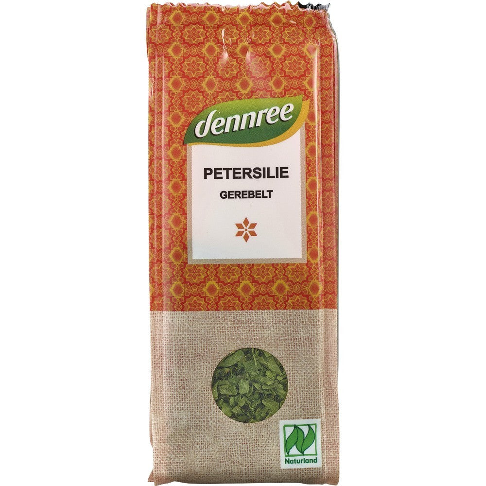 Patrunjel bio mărunțit 10g Dennree, ambalaj colorat, sigla Naturland.