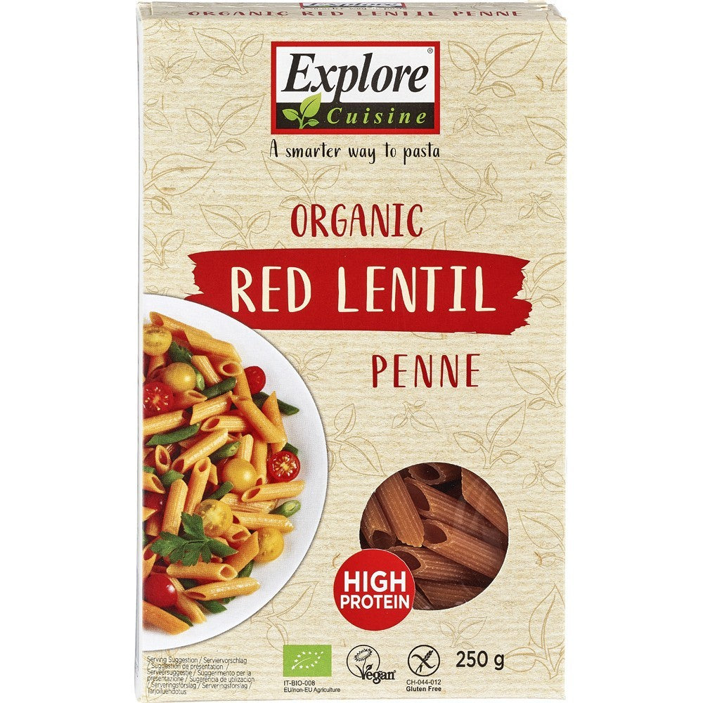 Penne bio roșii din linte și orez, fără gluten, 250g, ambalaj Explore Cuisine.